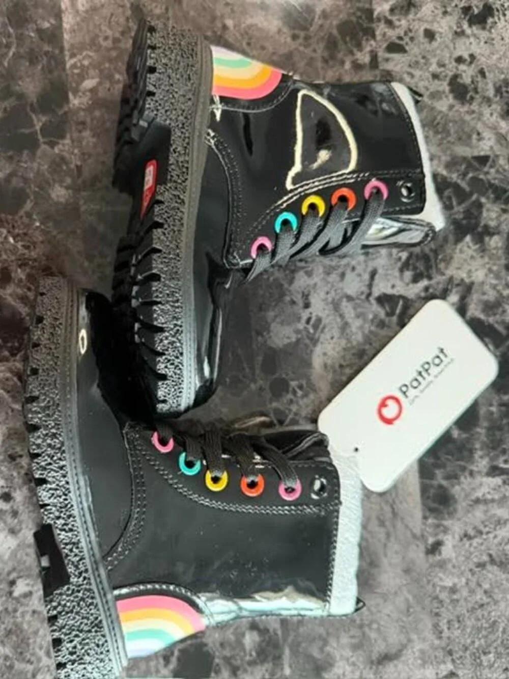 PatPat Girls Toddler Rainbow Combat Boots Black Patent Size 6.5 EU 22.5 NWT